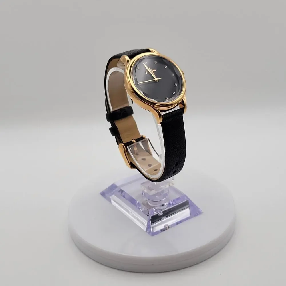 Fossil Womens Gold Tone Black Dial Crystal Markers Quartz Watch Leather Strap